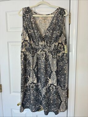 Sonoma Sleeveless V-Neck Midi Dress in Gray and Cream Damask Pattern, sz XL, NWT